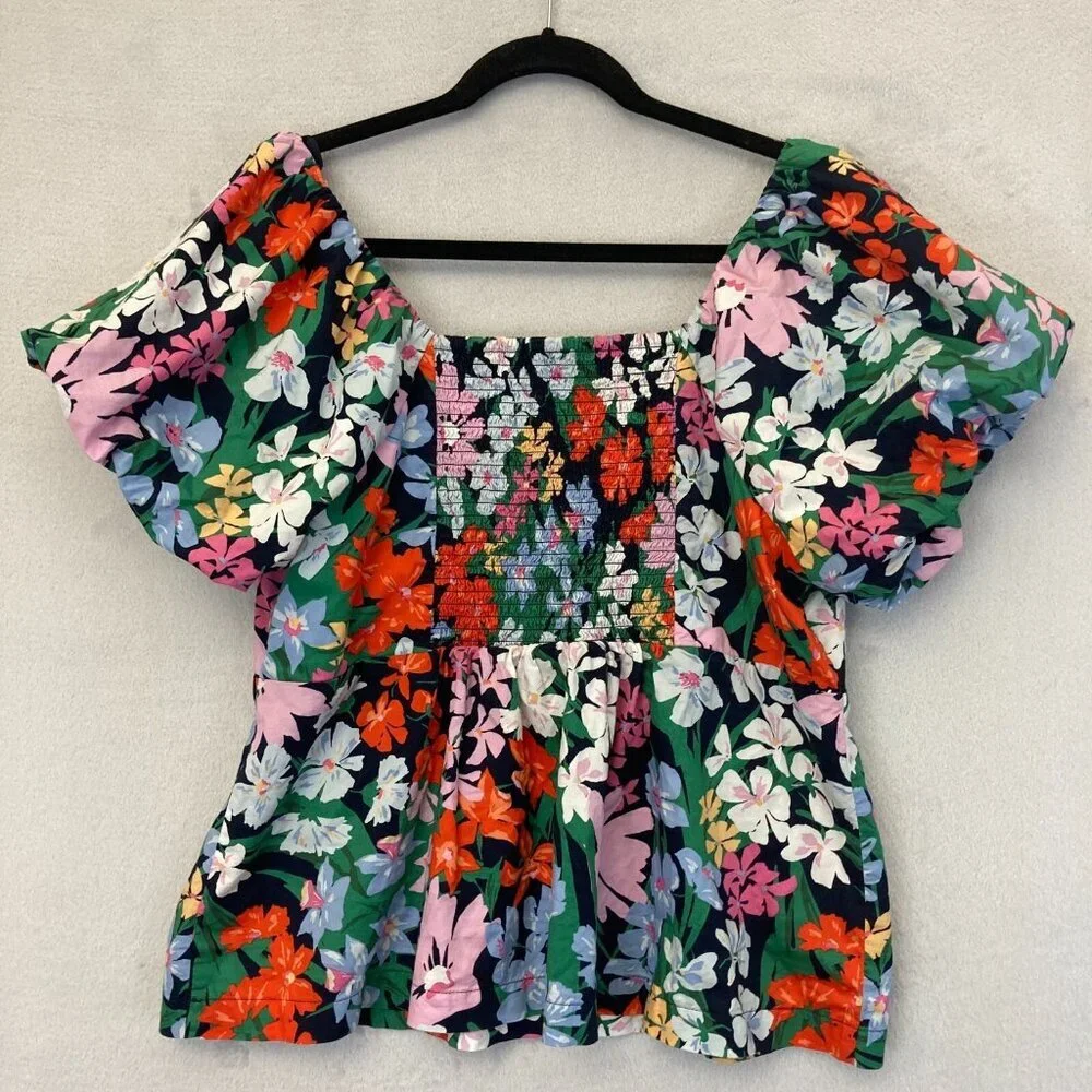 Old Navy‎ Floral Babydoll Puff Sleeve Top Shirt Womens Size XL Smocked Colorful